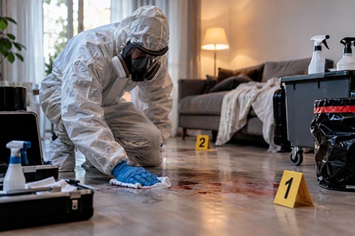 technicien formé au nettoyage de scène de crime décontaminant le sol avec traces de sang