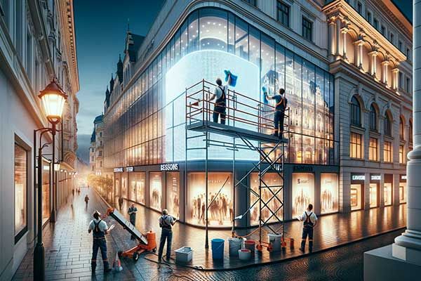Nettoyage d'enseigne commerciale et façade de magasin